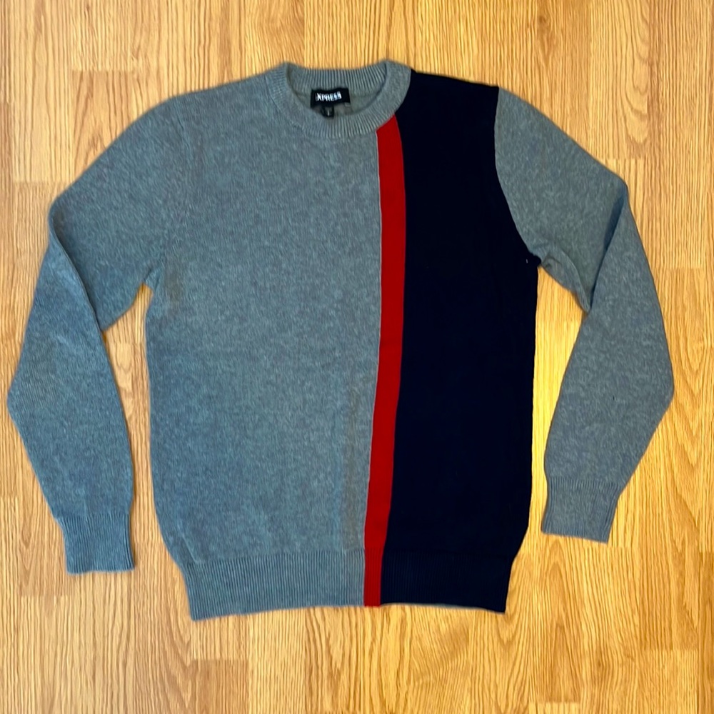 Express Men’s Size Small Sweater, Grey with Navy & Red Block Stripes